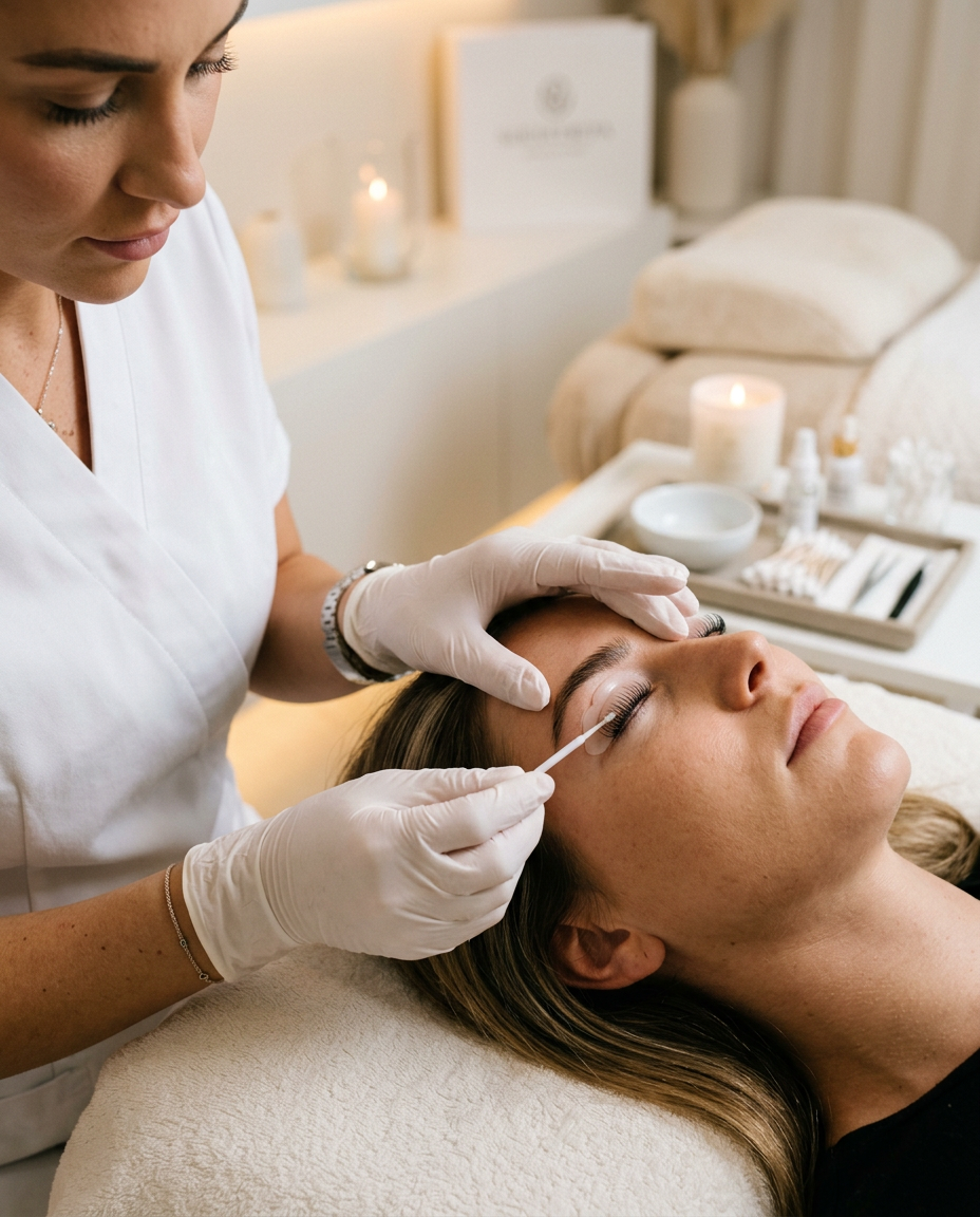 Professional eyelash lift treatment at Pure L'Esthetique — beautifully curled natural lashes in a serene spa setting.