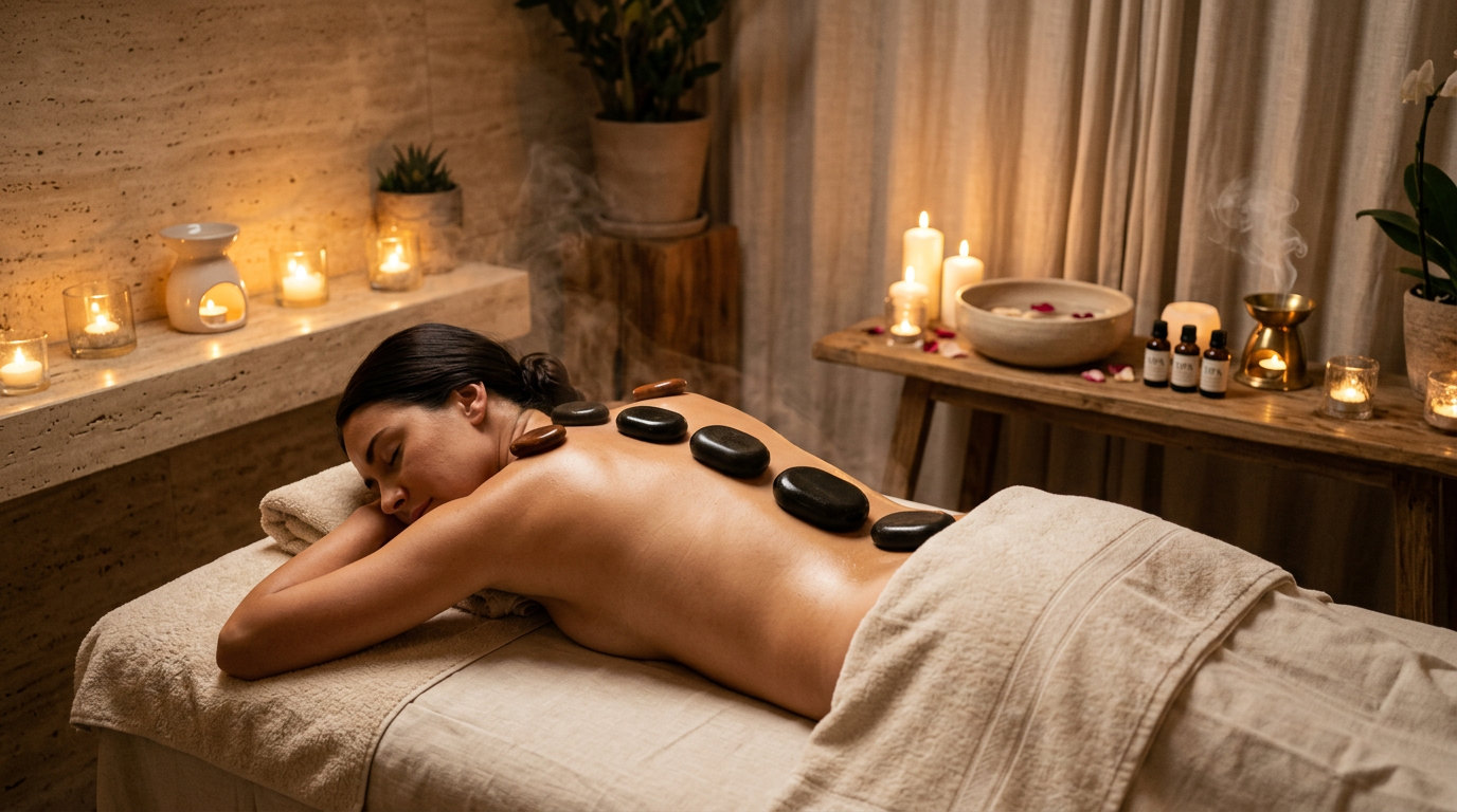 Hot stone massage therapy at Pure L'Esthetique — warm basalt stones on the back in a candlelit travertine treatment room.