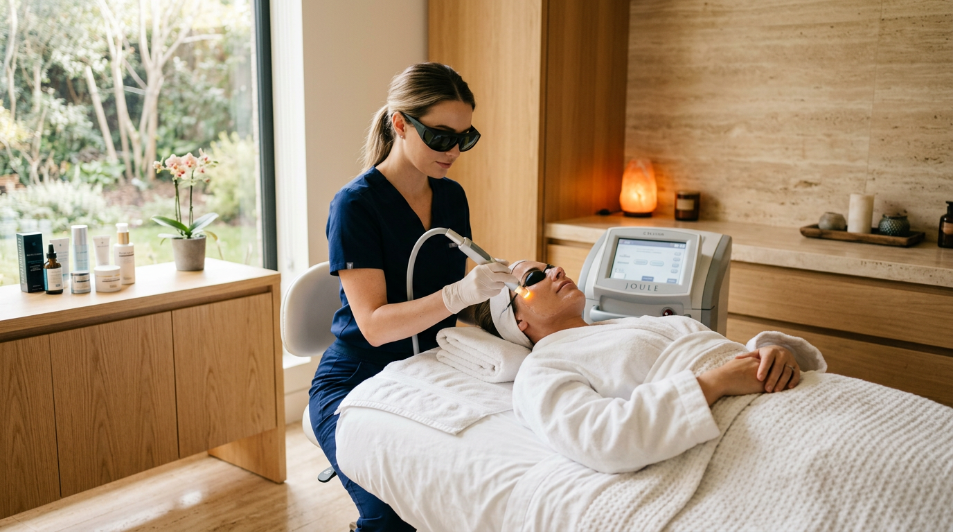 Laser facial therapy at Pure L'Esthetique — advanced skin rejuvenation in a serene clinical setting.